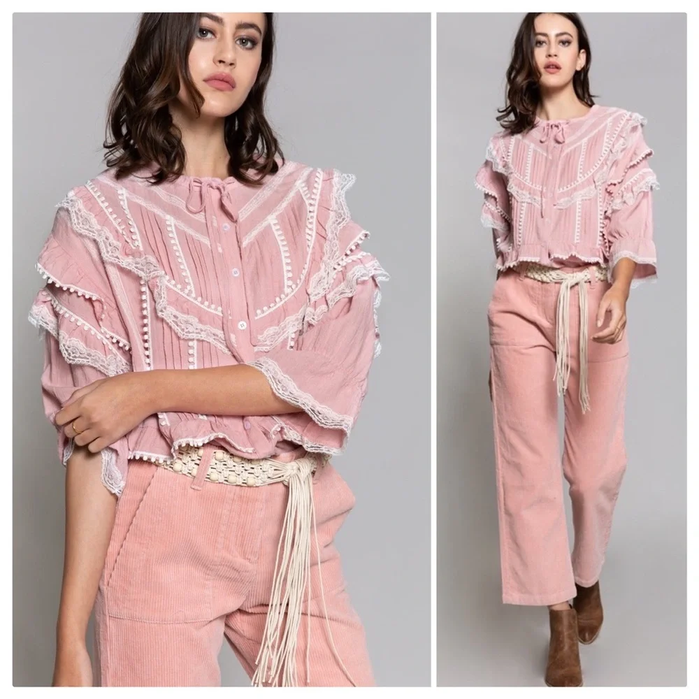 POL Malta Ruffles Pink Boxy Woven Lace Top - Picture 1 of 11
